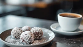 Bild på chokladbollar och en kopp kaffe